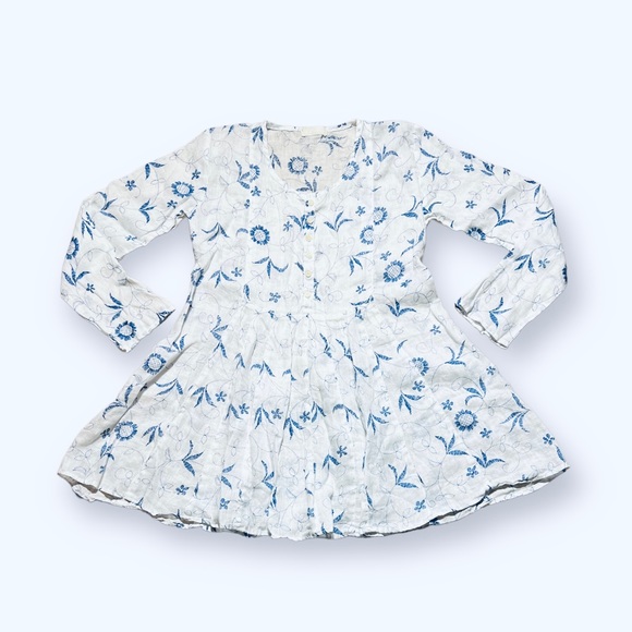 CP Shades Tops - CP Shades Linen Floral Flared Tunic White Blue Size XS